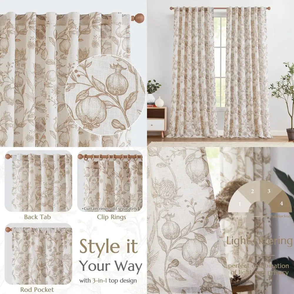 jinchan Linen Curtains Floral Curtain for Living Room 96 Inch Long French Rod Pocket Light Filtering Toile Print Farmhouse Bedro