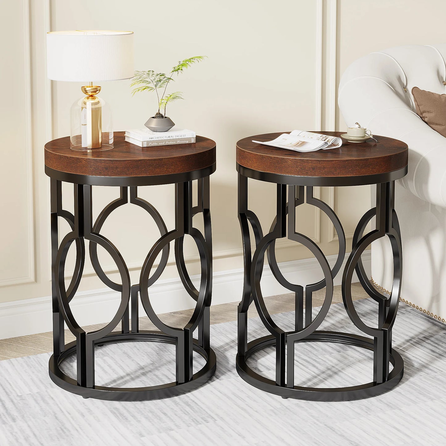 Tribesigns Round End Table, Industrial SideTable with Metal Hollow Frame, Small Bedside Table Nightstand for Living Room
