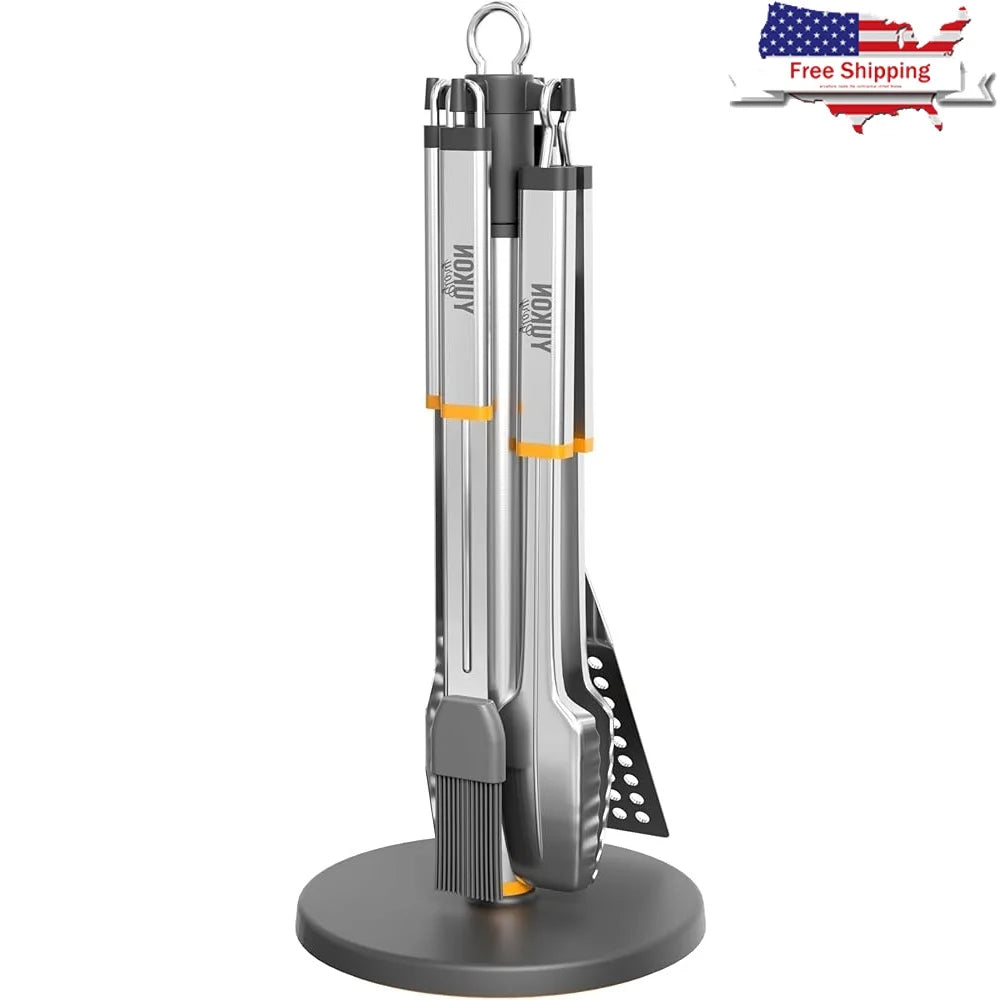 Stainless Steel BBQ Tool Set with Rotating Stand Drip Pan Complete Grill Kit Spatula Tongs Fork Brush Portable Durable Easy to