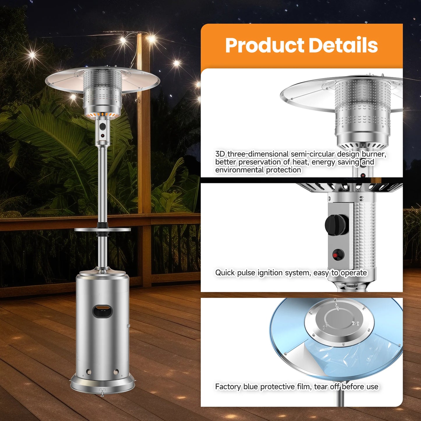 DishyKooker 42000 BTU Propane Umbrella Outdoor Patio Heater Stainless Steel