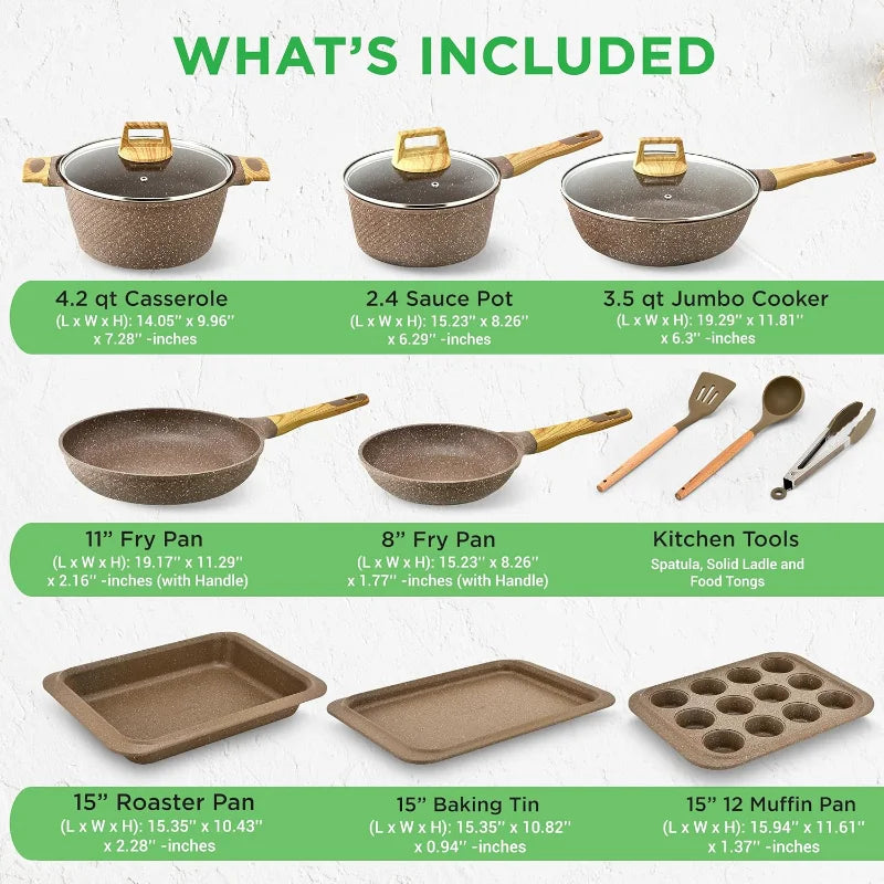 Nutrichef 22-Piece Maroon Marble Non-Stick Cookware and Bakeware Set - Professional Home Kitchen Collection with Multi-Sized