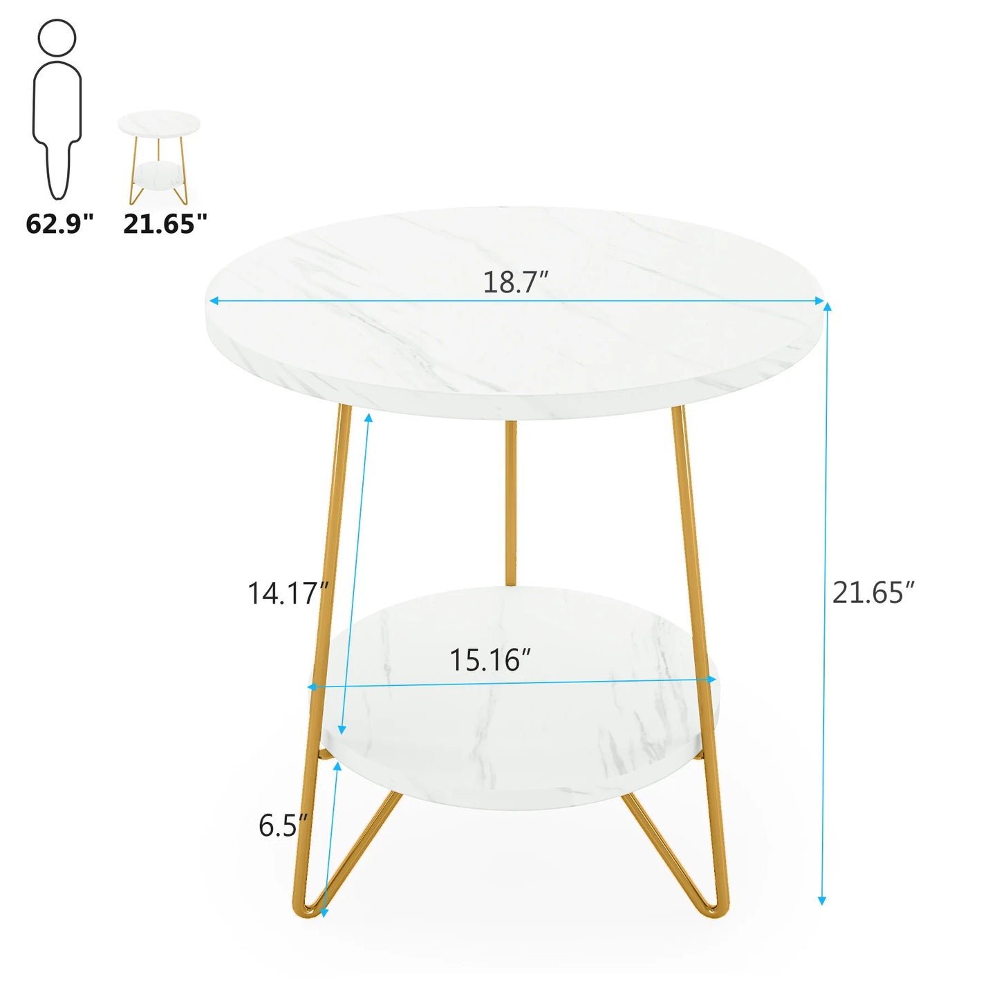 Tribesigns 2 Tier Faux Marble End Table Round Side Table with Shelves Small Coffee Accent Table for Living Room, White and Gold