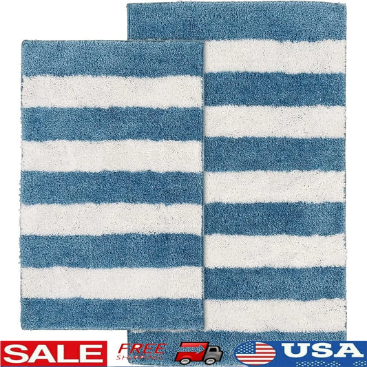Beach Stripe Washable Bath Rug Set Non-Slip Soft Absorbent Bathroom Mats Quick-Dry Machine Washable Durable Cozy Comfort 2-Piece