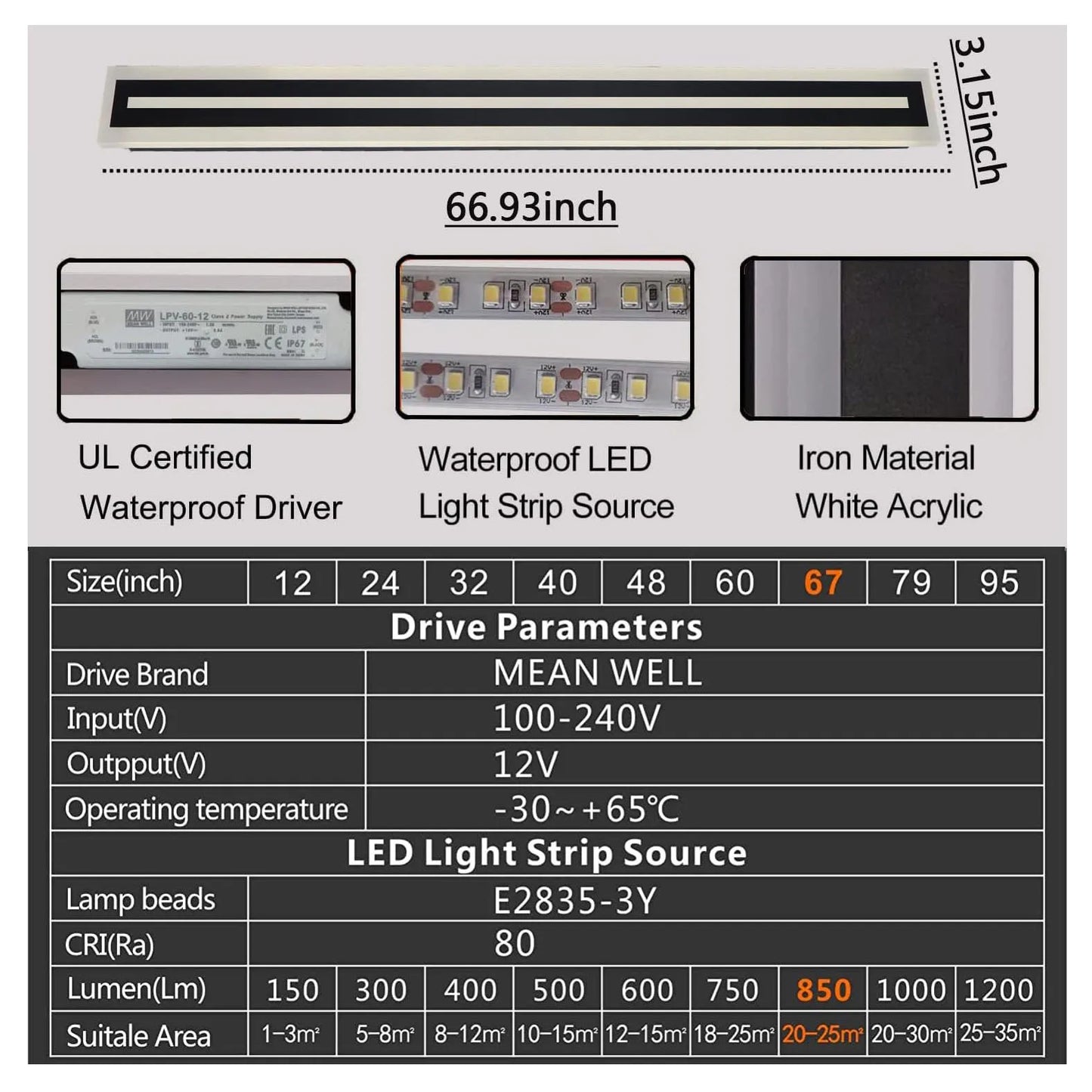 Outdoor Long Strip Modern LED Wall Lighting Fixture Lamps,Wall Sconce Fixture Wall lamp Elegant Frosted White Acrylic IP67 Anti