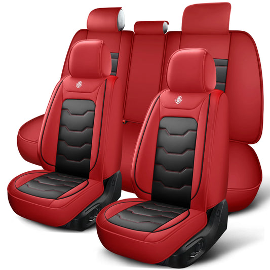 Car seat cover, 5-seater universal, suitable for 90% of 5-seater models，Waterproof leather car interior, (Black/Red)