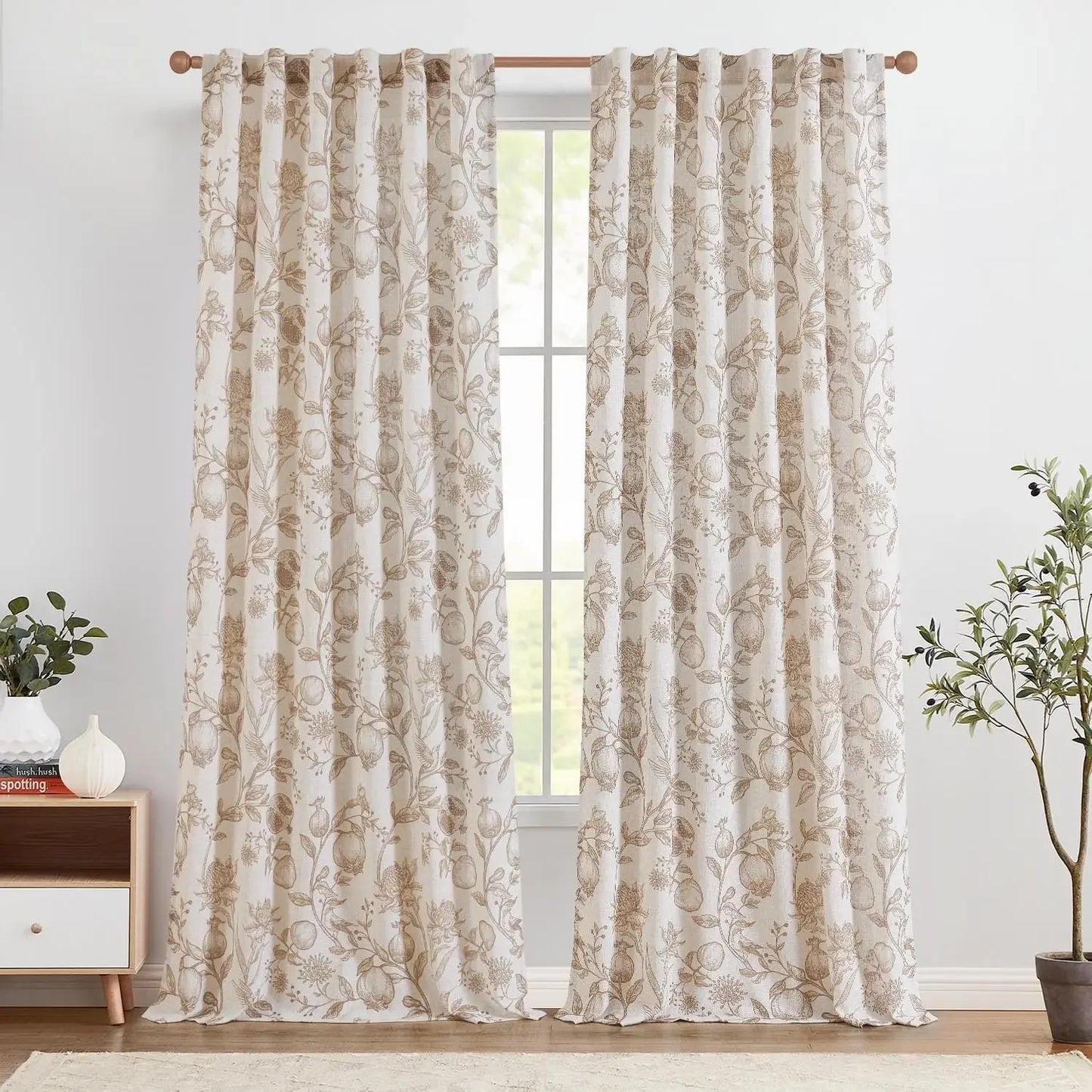 jinchan Linen Curtains Floral Curtain for Living Room 96 Inch Long French Rod Pocket Light Filtering Toile Print Farmhouse Bedro
