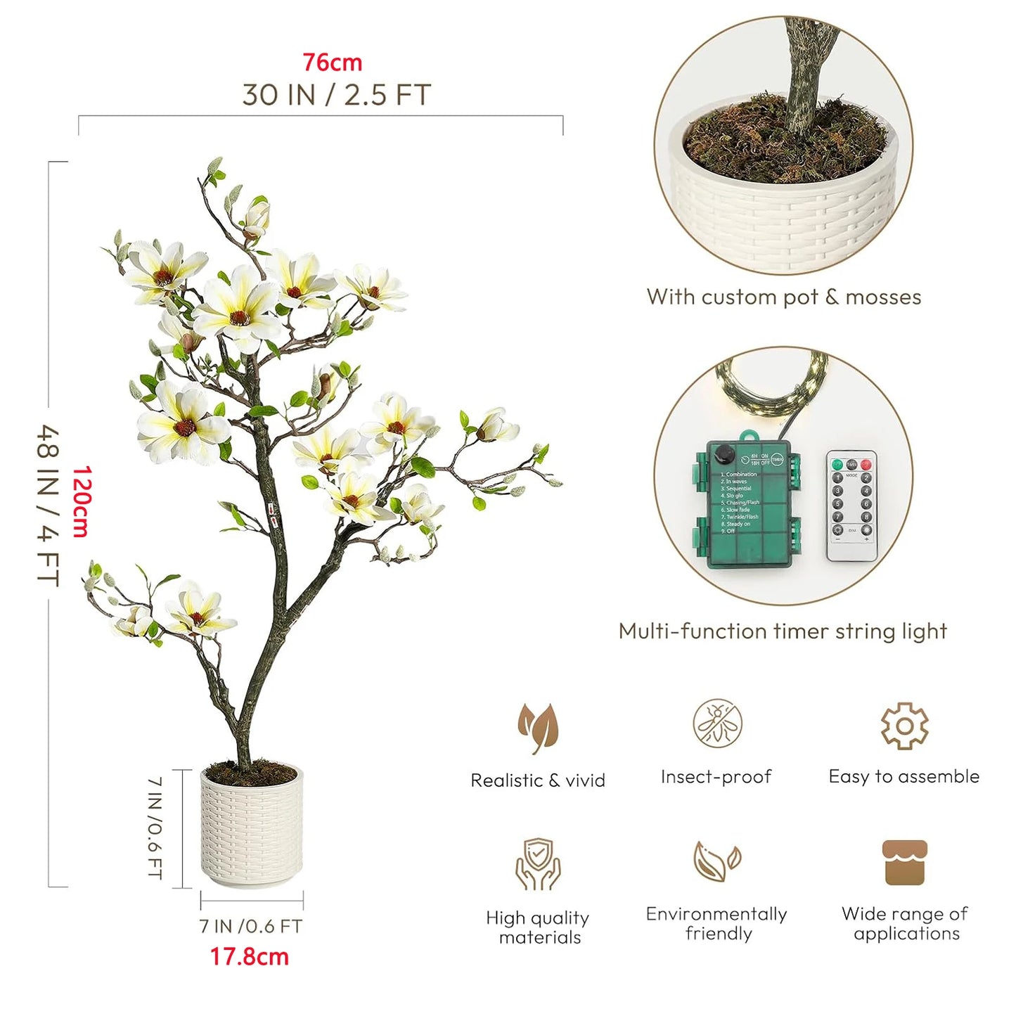 Artificial Magnolia Plant With LED Light For Outdoor Patio Decor