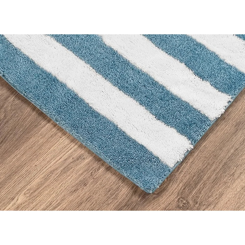 Beach Stripe Washable Bath Rug Set Non-Slip Soft Absorbent Bathroom Mats Quick-Dry Machine Washable Durable Cozy Comfort 2-Piece