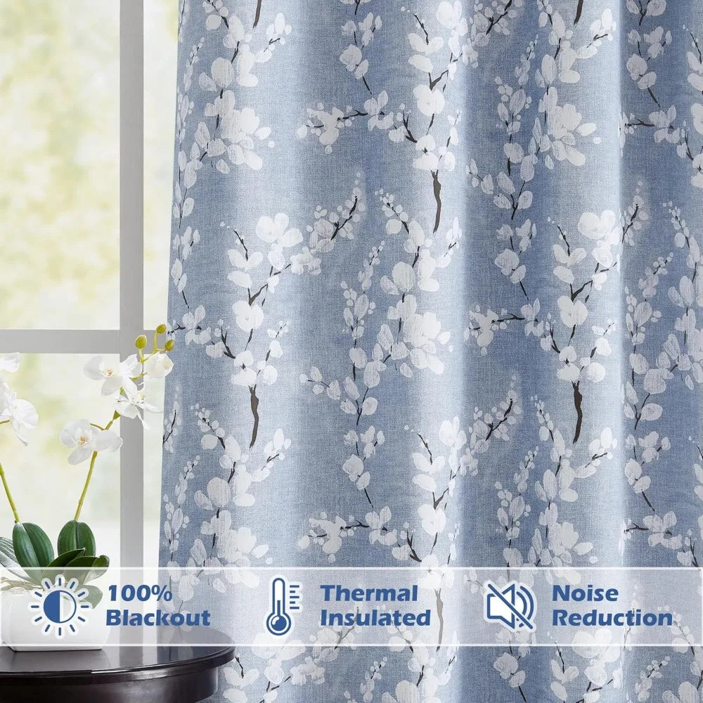 FMFUNCTEX 100% Blackout Sliding Door Curtains for Living Room, Blue Floral Print Extra 100 Wide Window Curtain Panels for Slidin