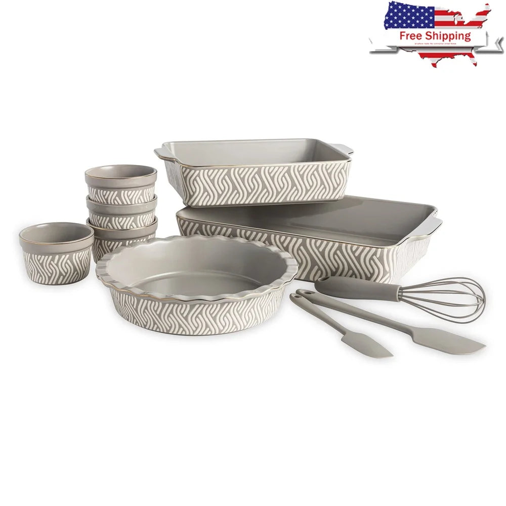 10 Piece Stoneware Bakeware Set with Spatulas Whisk Durable Ceramic Non-Stick Oven Safe Dishwasher Safe Ideal Baking Serving