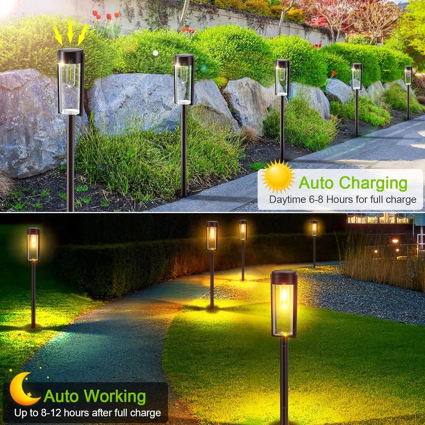 6/12 Pack Solar Pathway Lights Outdoor, Upgraded Solar Lights for Outside, Auto On/Off Solar Landscape Path Lights
