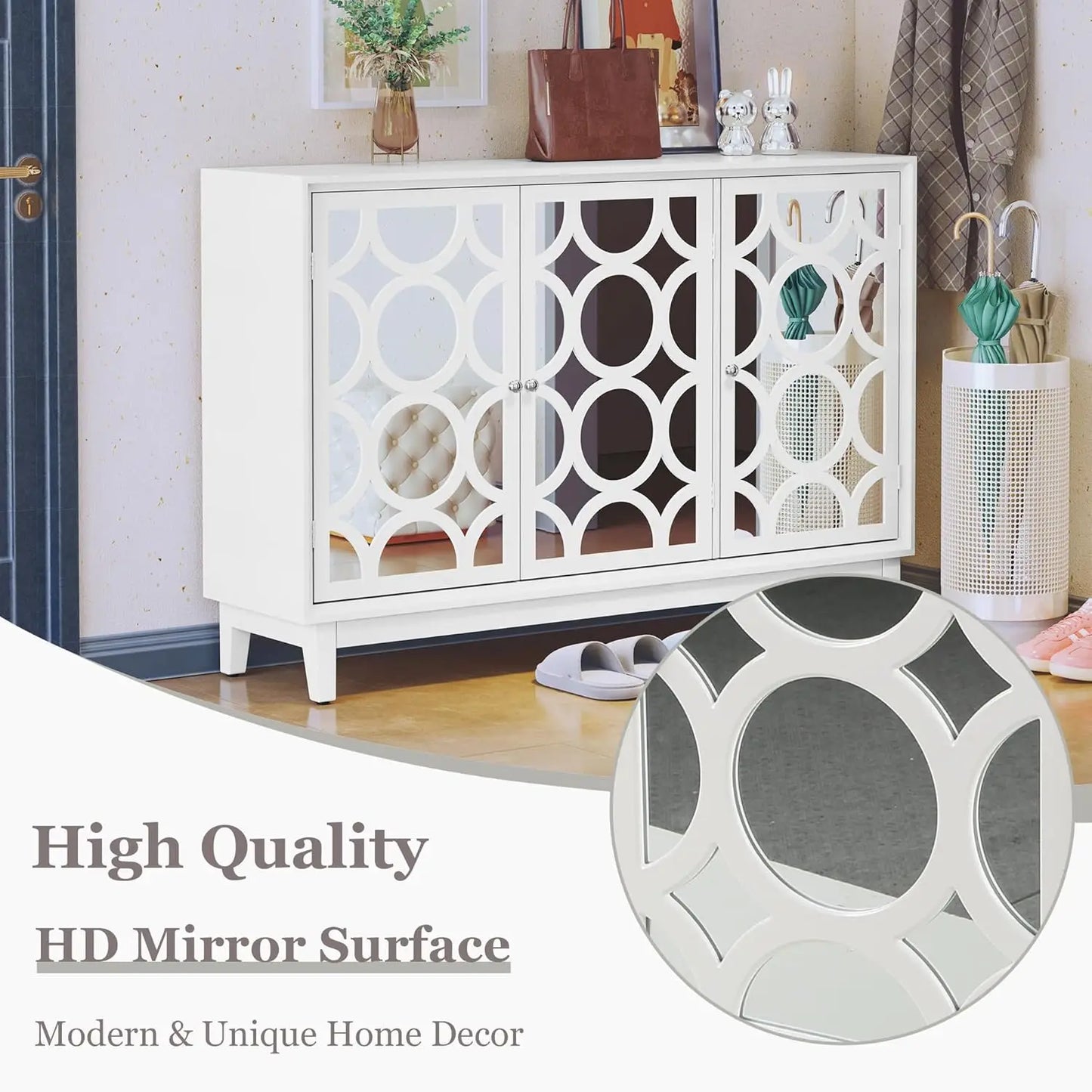 XMSJH Sideboard Cabinet With 3 Mirror Doors Modern Buffet