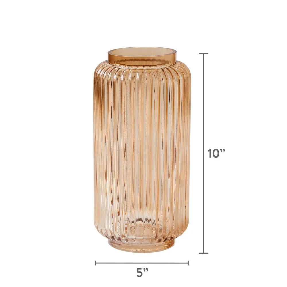 10 Inch Ribbed Glass Vase Champagne Elegant Decorative Cylinder Home Decor Fresh Flowers Indoor Display