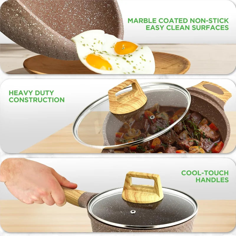 Nutrichef 22-Piece Maroon Marble Non-Stick Cookware and Bakeware Set - Professional Home Kitchen Collection with Multi-Sized