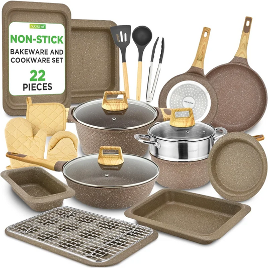 Nutrichef 22-Piece Maroon Marble Non-Stick Cookware and Bakeware Set - Professional Home Kitchen Collection with Multi-Sized
