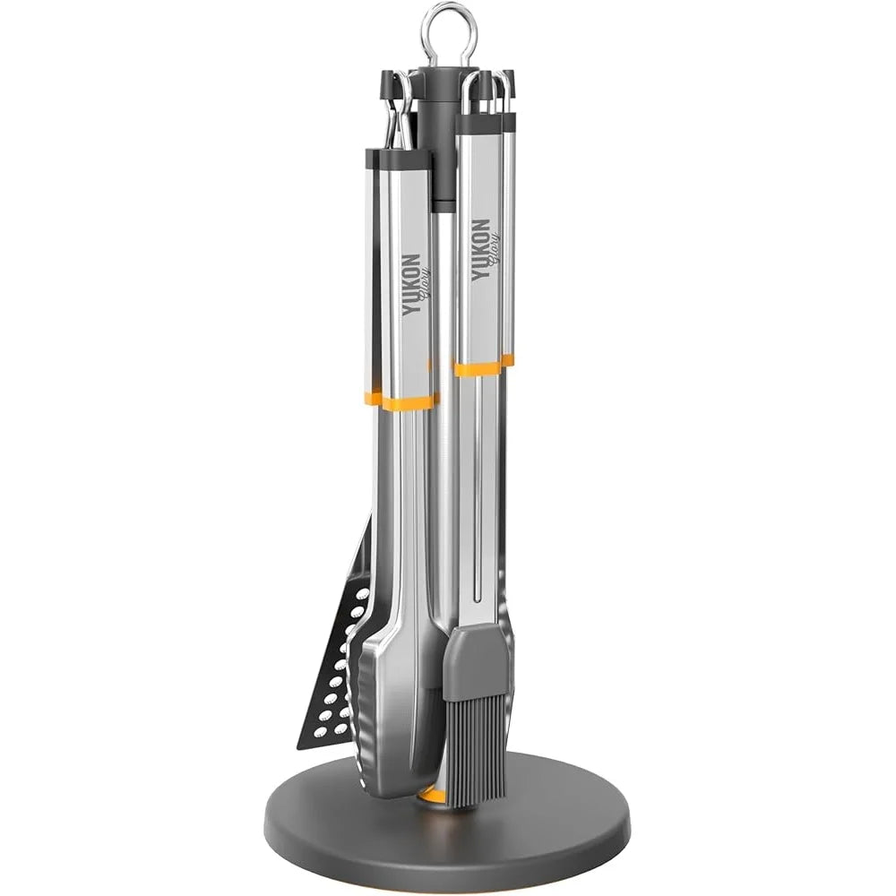 Stainless Steel BBQ Tool Set with Rotating Stand Drip Pan Complete Grill Kit Spatula Tongs Fork Brush Portable Durable Easy to