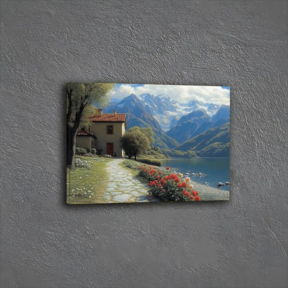 1.5 inch thick wood pine frame, interior art mural, home decor mural, wood frame depicting red flowers by the river